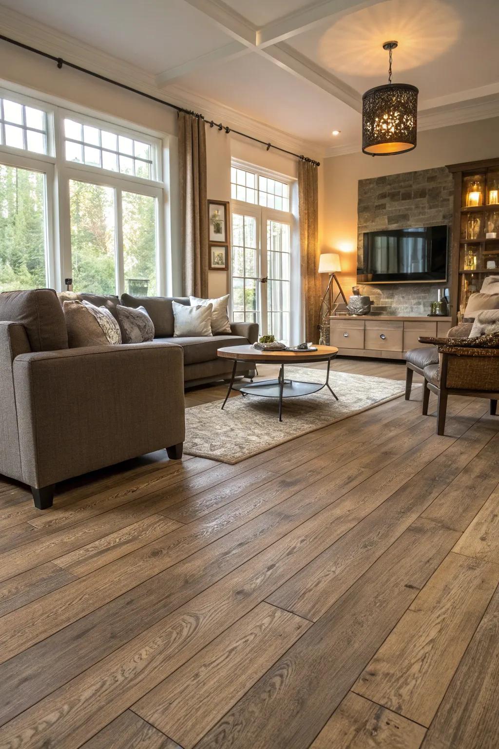 Faux wood flooring presents a cost-effective alternative to solid timber with captivating visuals.