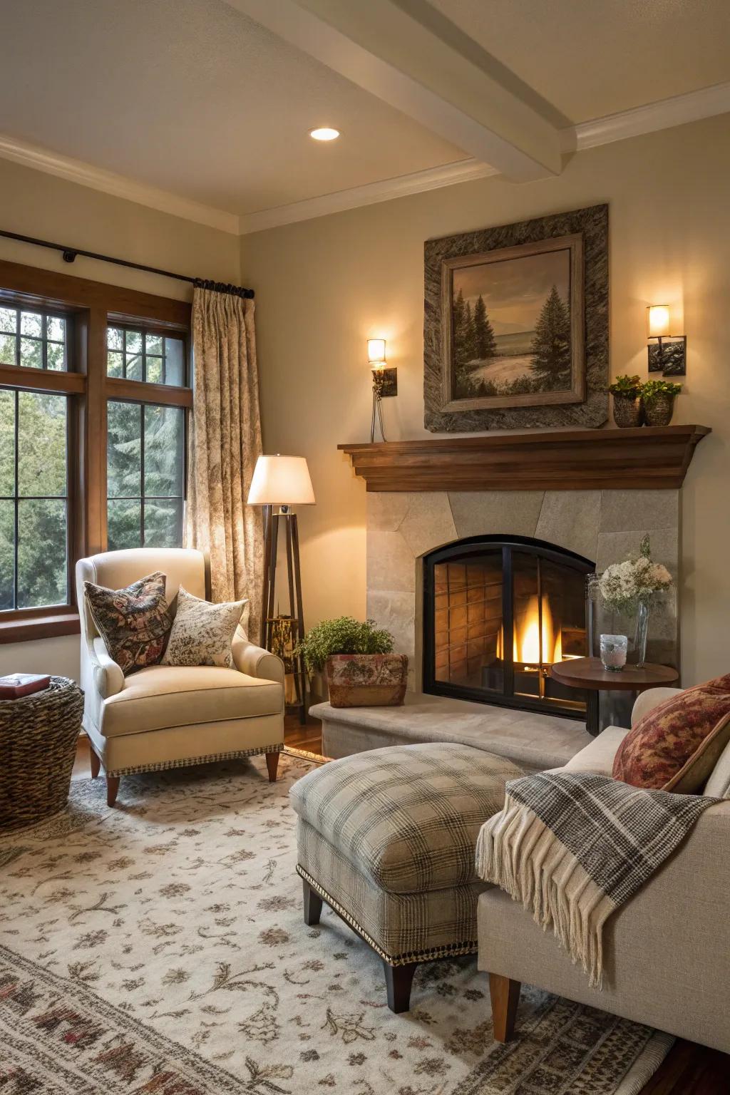 A snug corner nook featuring a fireplace, perfect for unwinding.