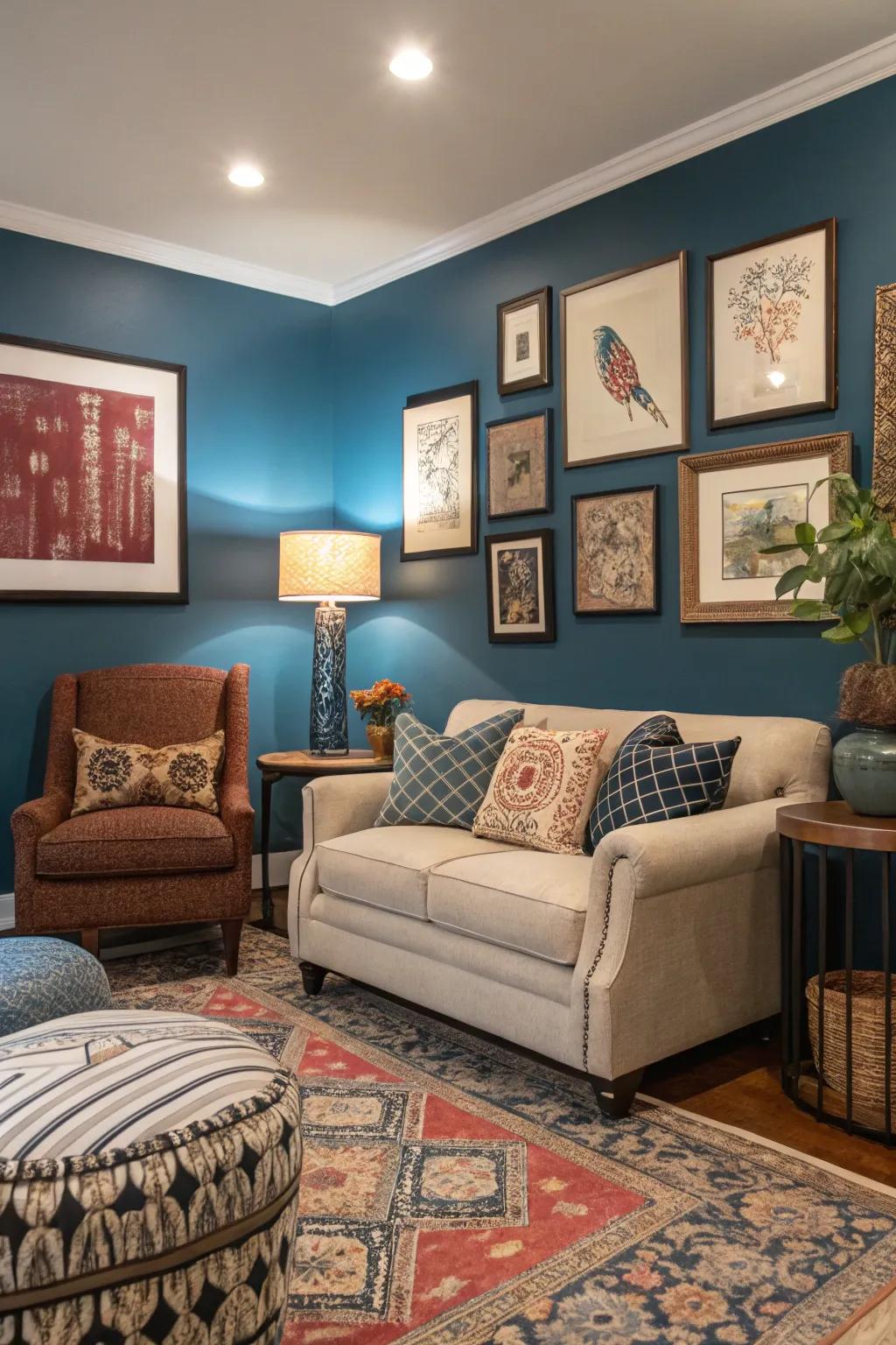 A vibrant feature wall introduces uniqueness and focus.
