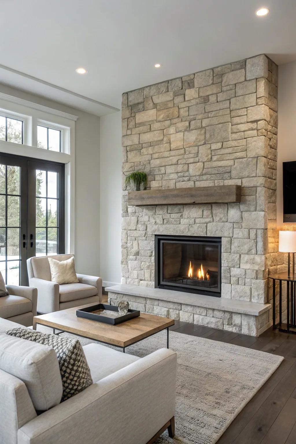 A streamlined stone fireplace for a modern, minimalist living space.