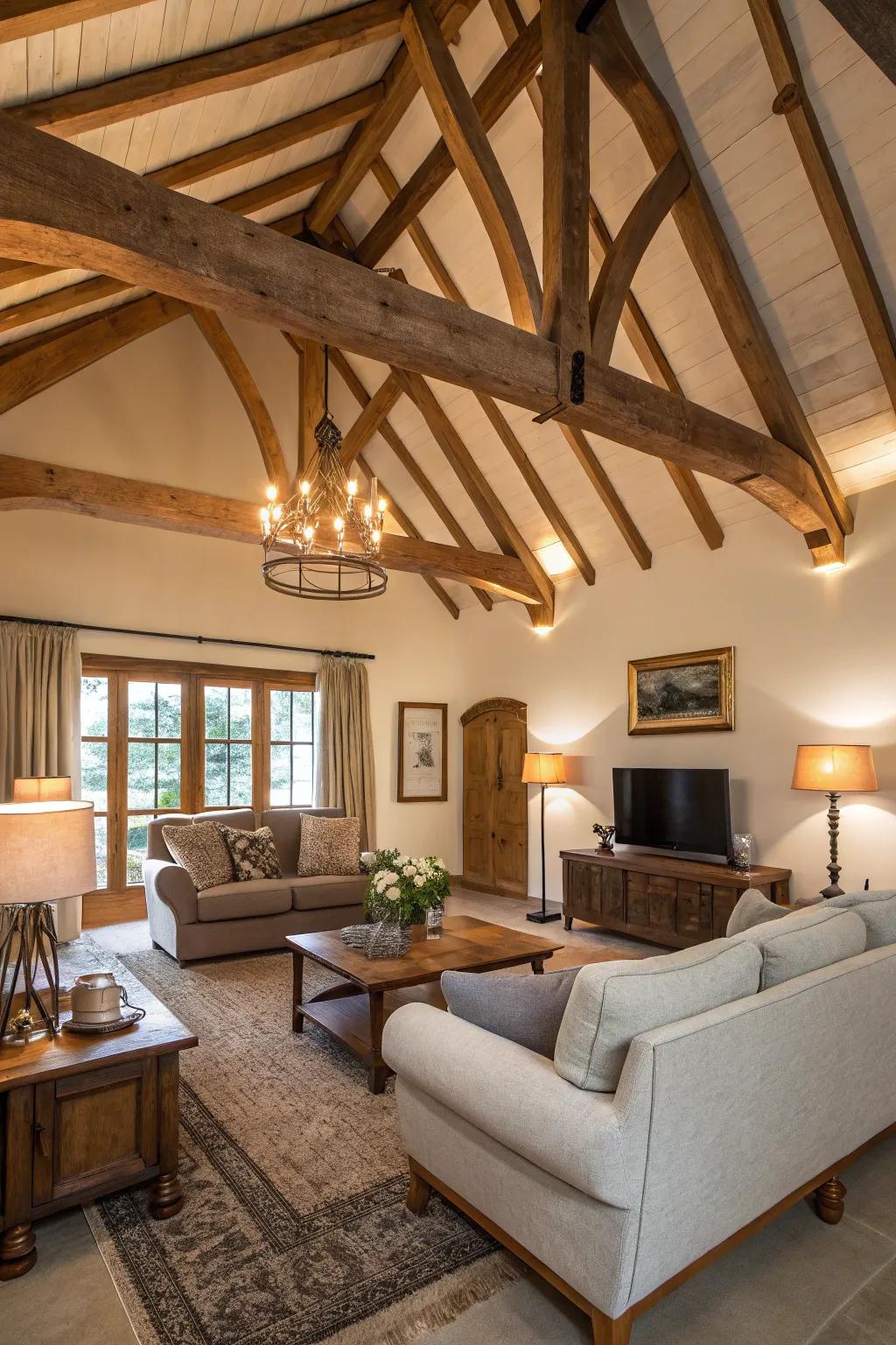 Exposed beams introduce a sense of rustic allure to a lofty ceiling.