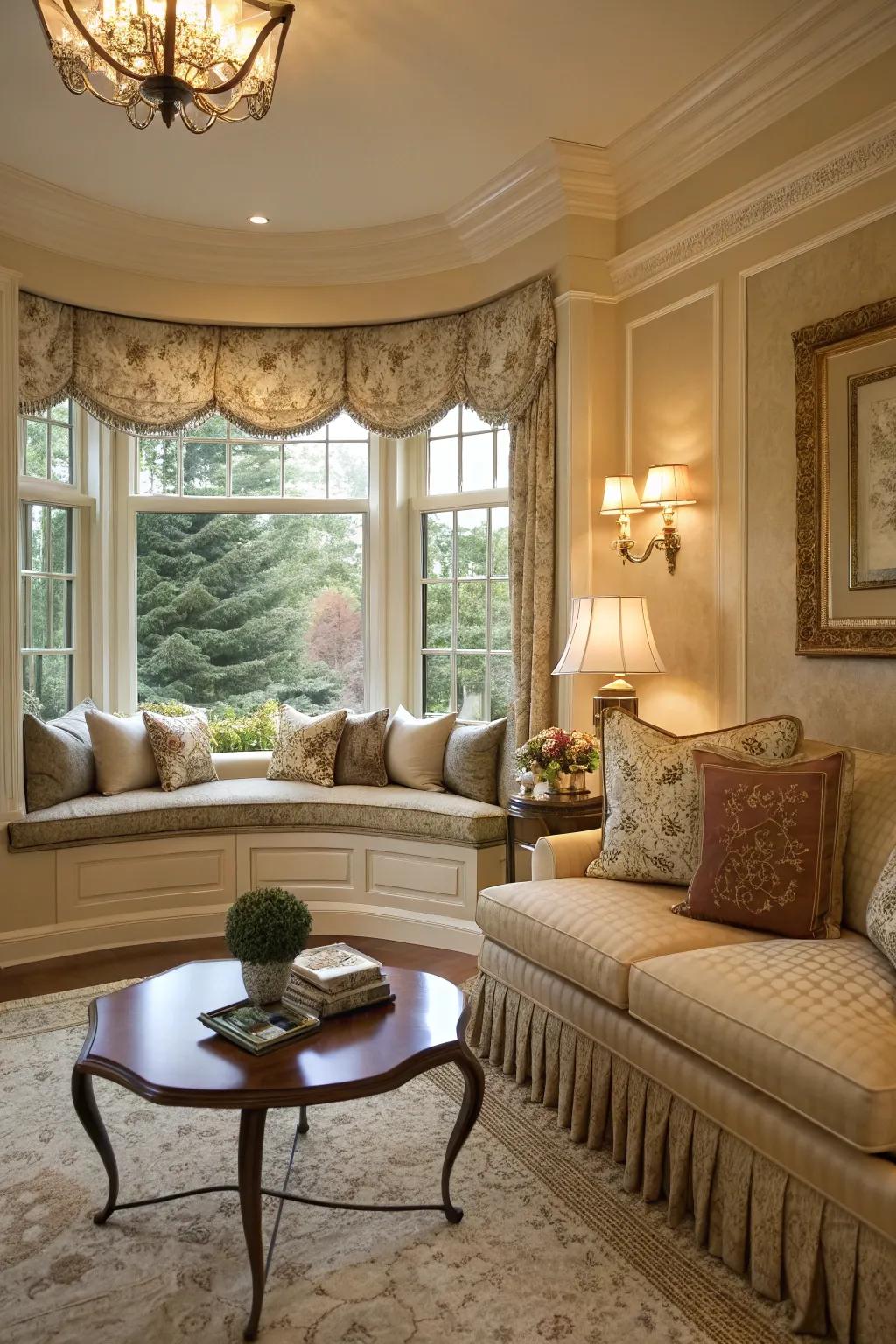 A comfortable nook is formed by a bow window in an elegant living space.
