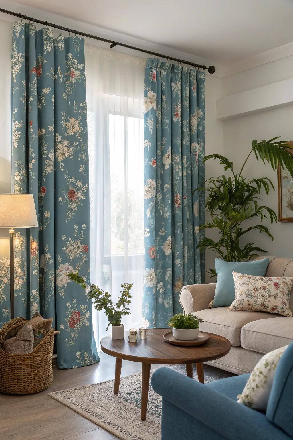 Botanical-printed sky-hue drapes contribute a charming and whimsical feel to this living space.