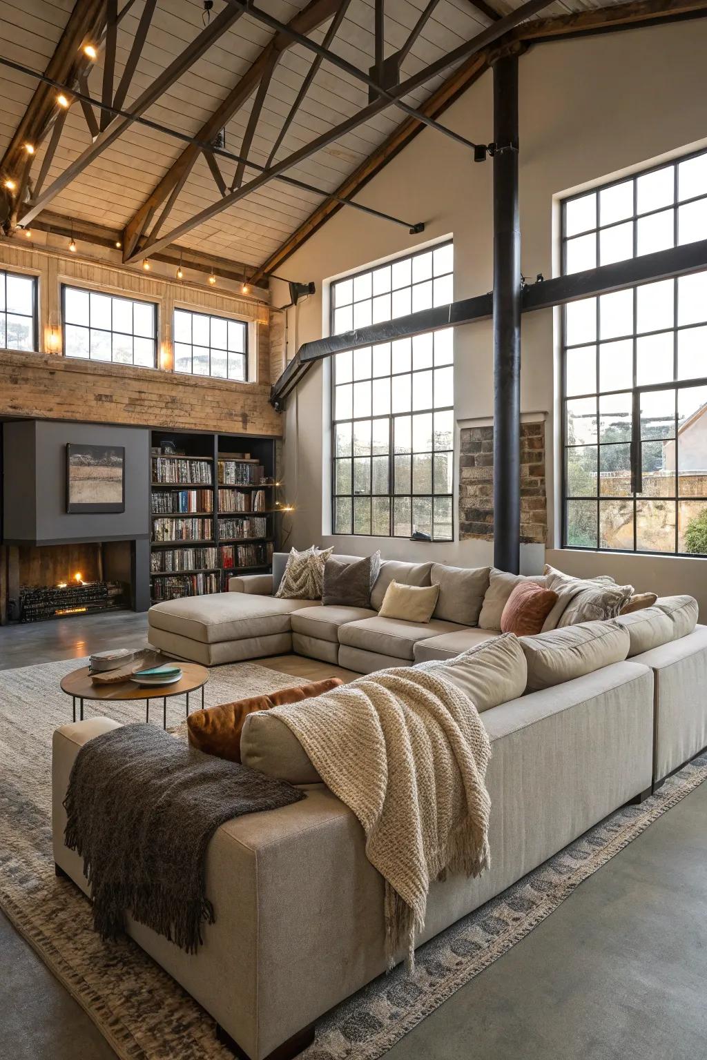 A modular couch provides comfort and defines the style of a loft media room.