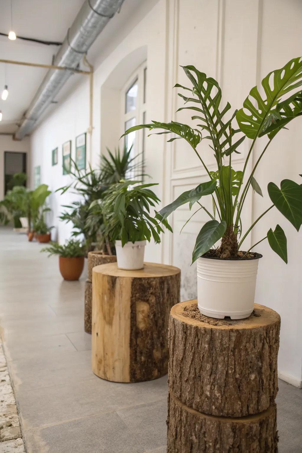 Logs repurposed as stylish plant elevations indoors.