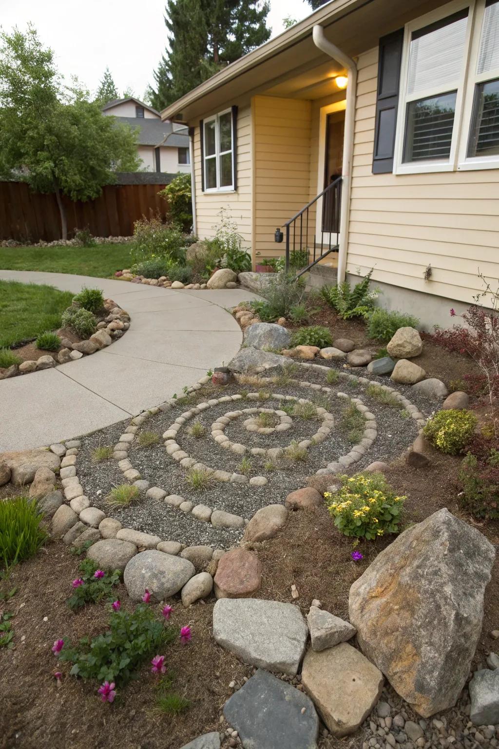 An imaginative coil-shaped rock element within a front yard landscape.