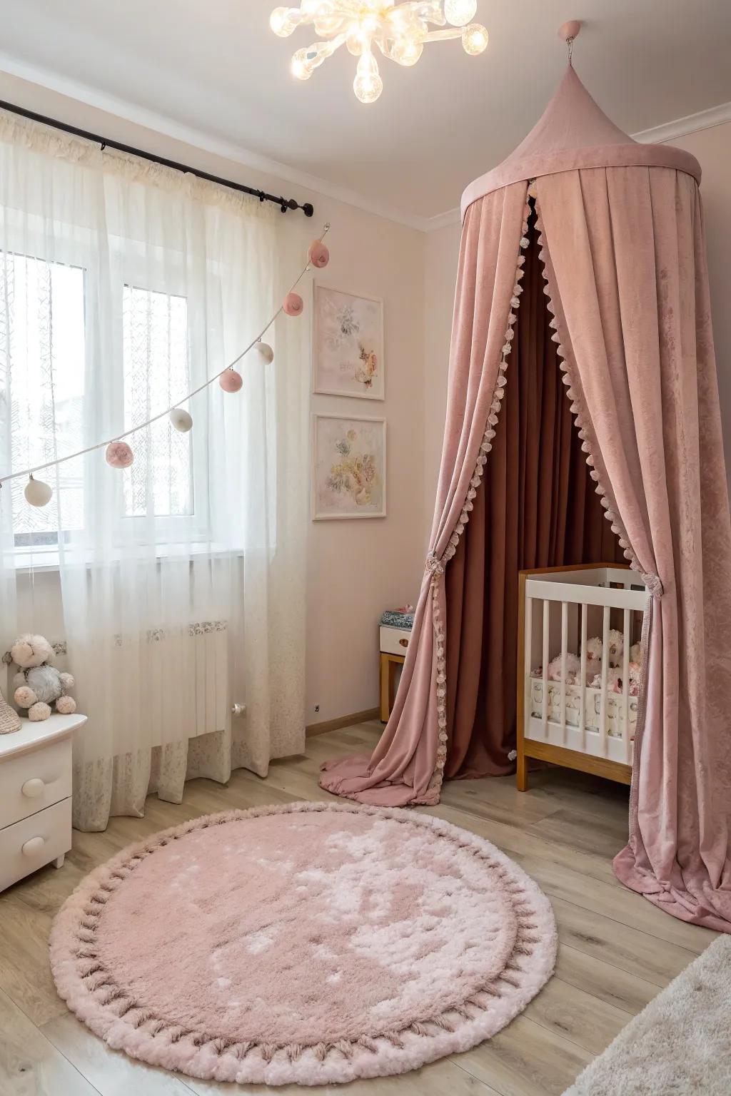 A nursery decorated with velvet drapes and a lavish rug, introducing coziness and luxury.