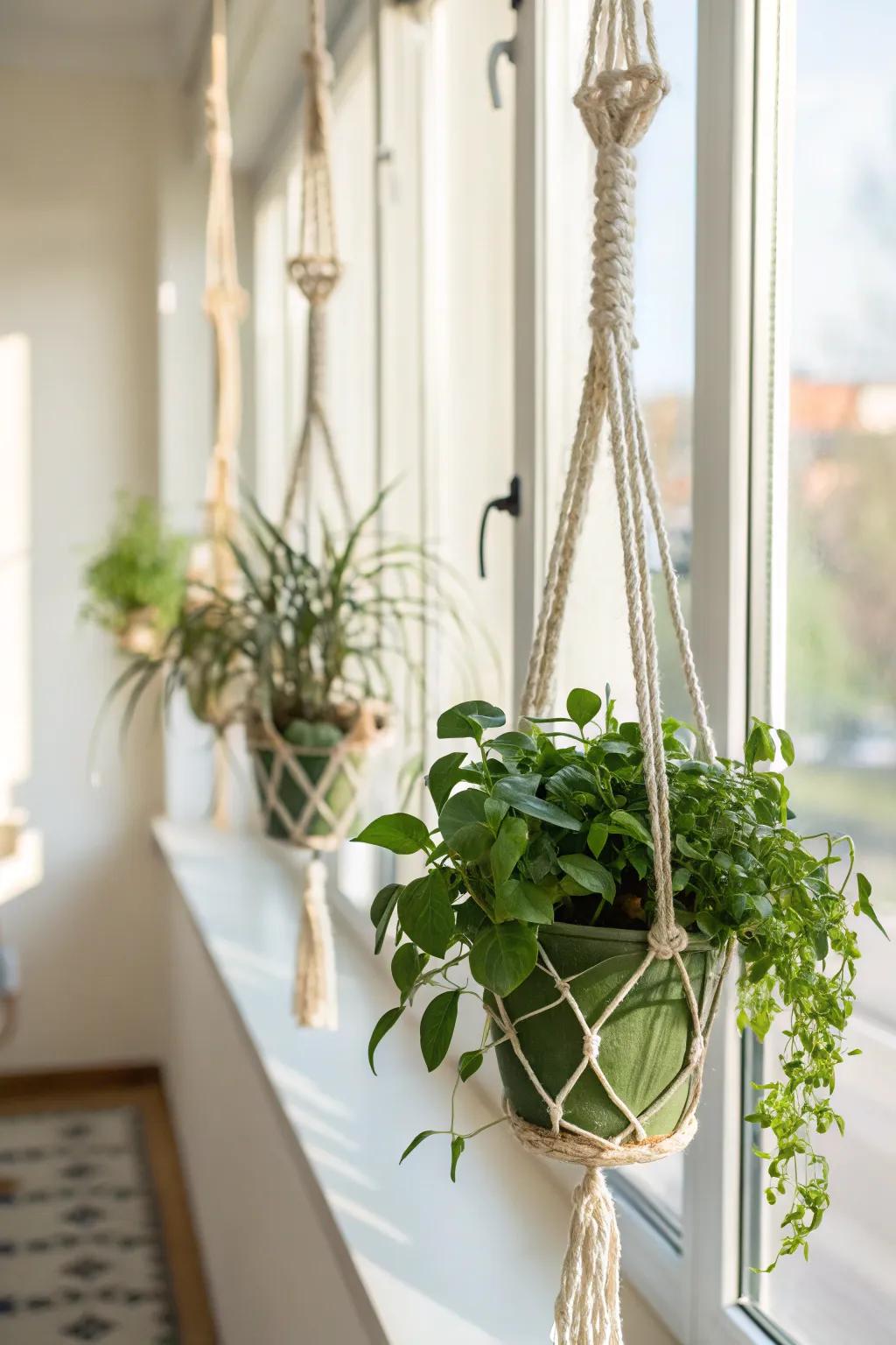 Macrame plant holders bringing life and style to a room.