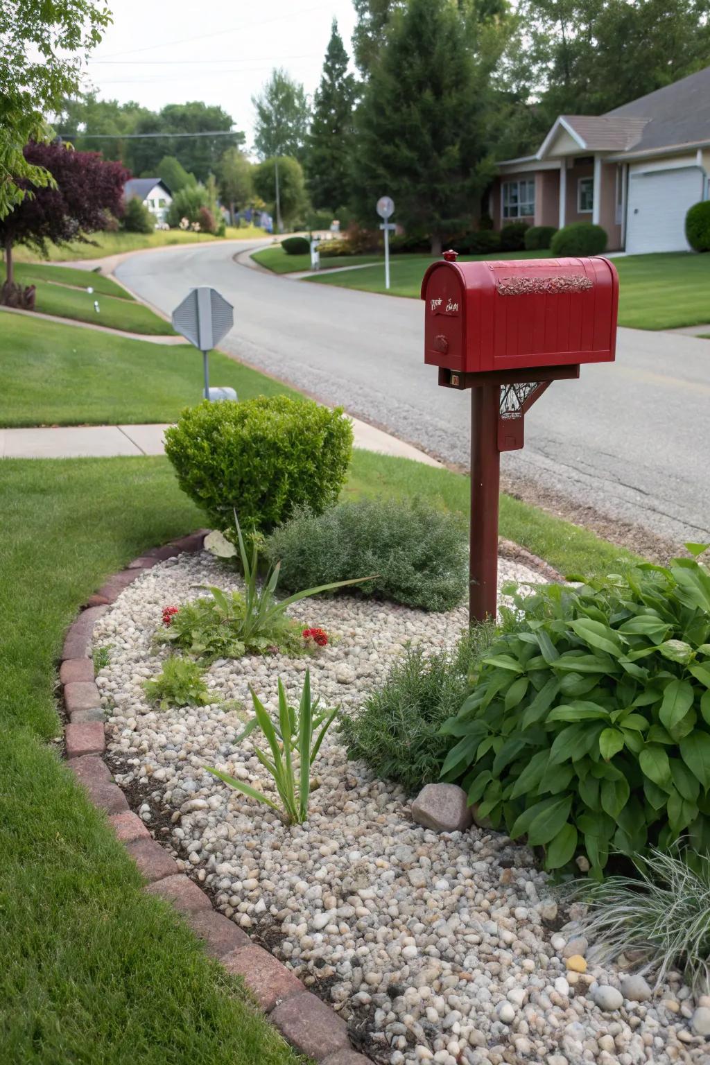 Chips and verdure orchestrate a balanced and undemanding mailbox vista.