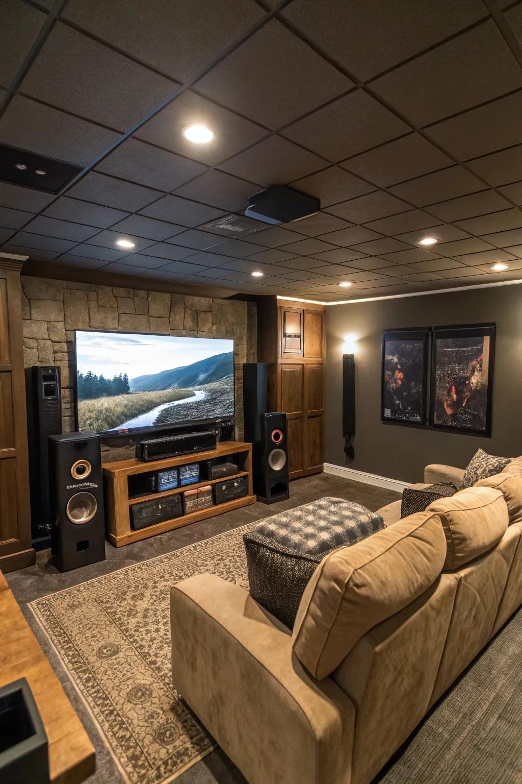 An immersive home cinema setup featuring a large screen TV and surround sound system.