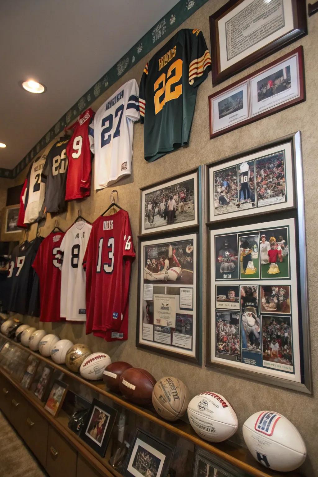 An athletic collectibles showcase brings a personal touch to your man cave.