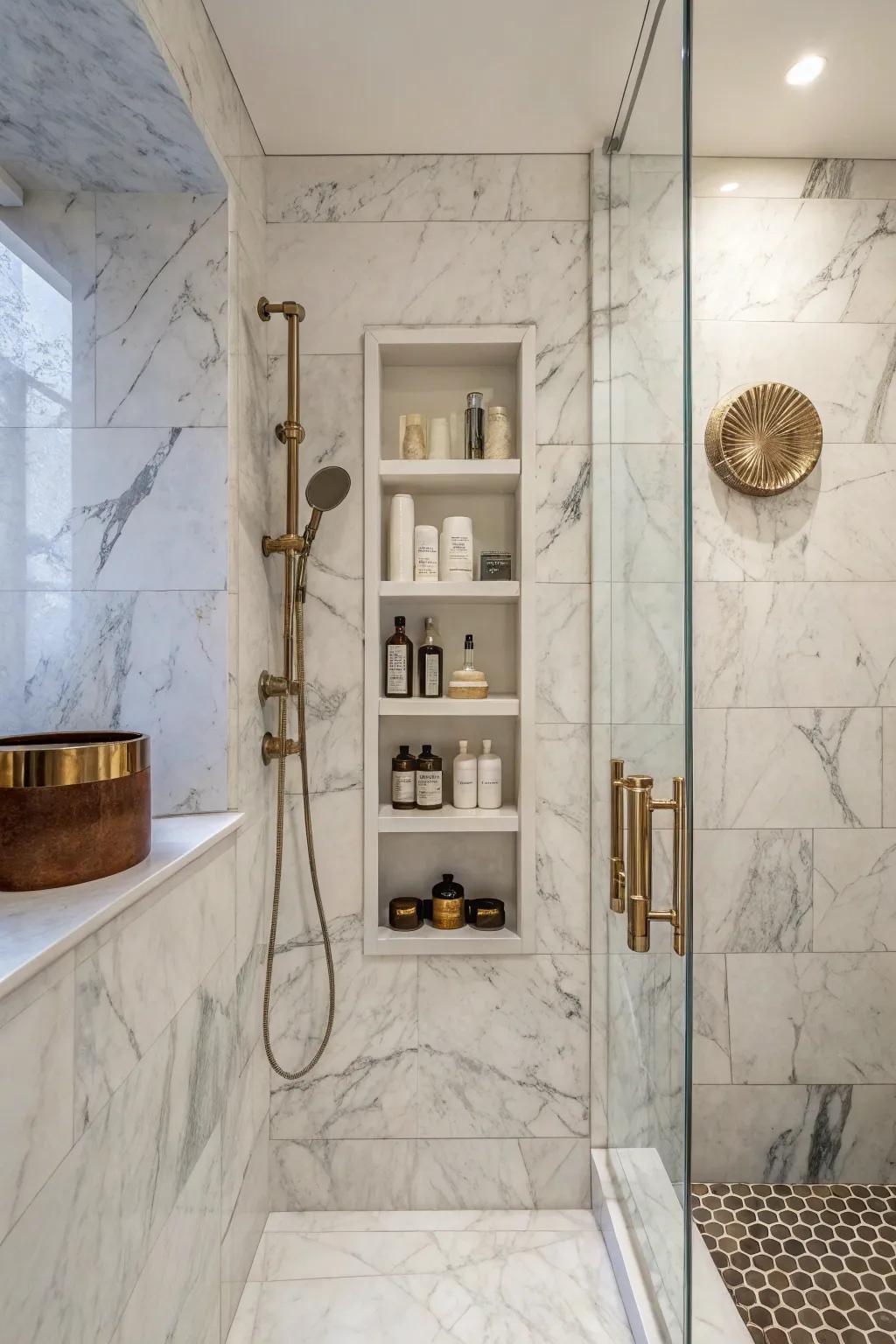 An upright stone recess contributes a stylish essence to compact shower settings.