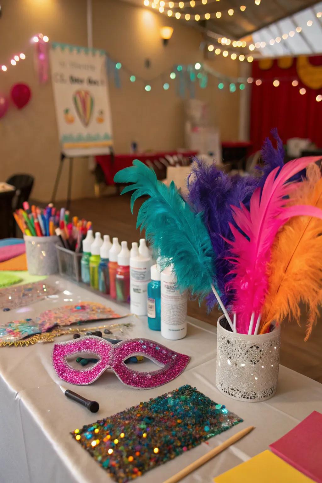 A creative mask station encourages imagination and adds a personal touch to the event