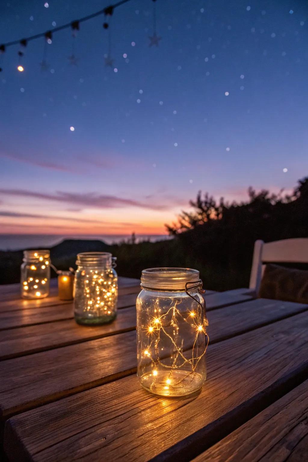 Heritage containers with tiny lights creating an enchanting twilight ambiance.