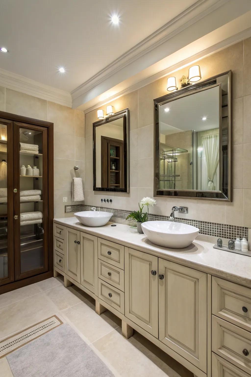 A sophisticated bathroom featuring dual sinks and expansive storage.