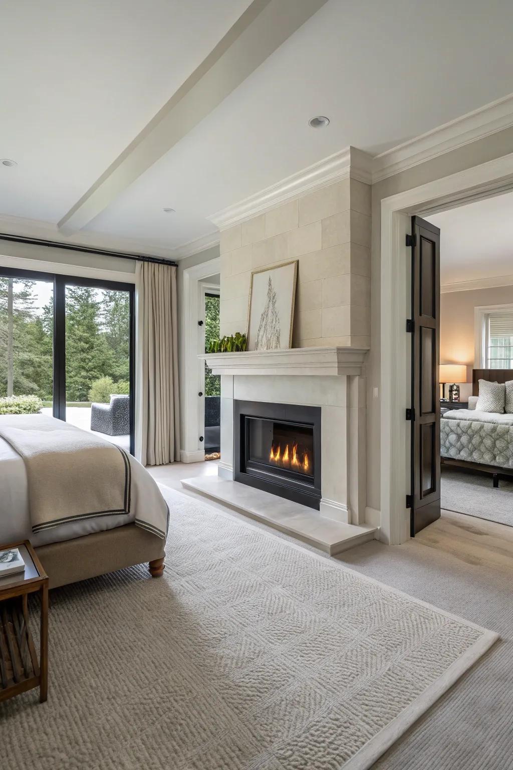 A contemporary minimalist fireplace offers polished beauty to your bedroom.