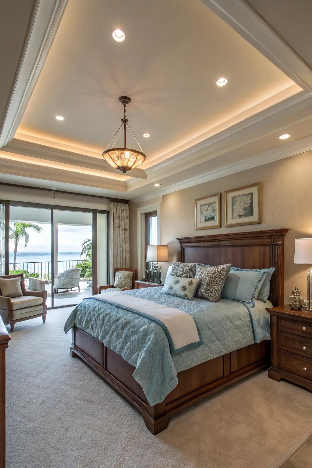 Illuminate your stepped ceiling with directional spots for a cozy and appealing ambiance.