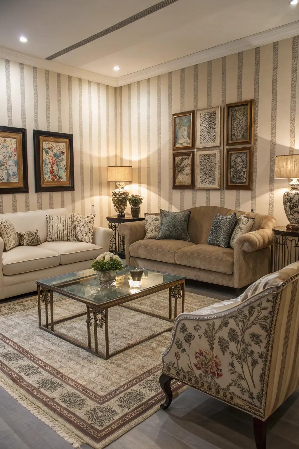 Banded wall covering revolutionizes a living space into a roomy retreat.
