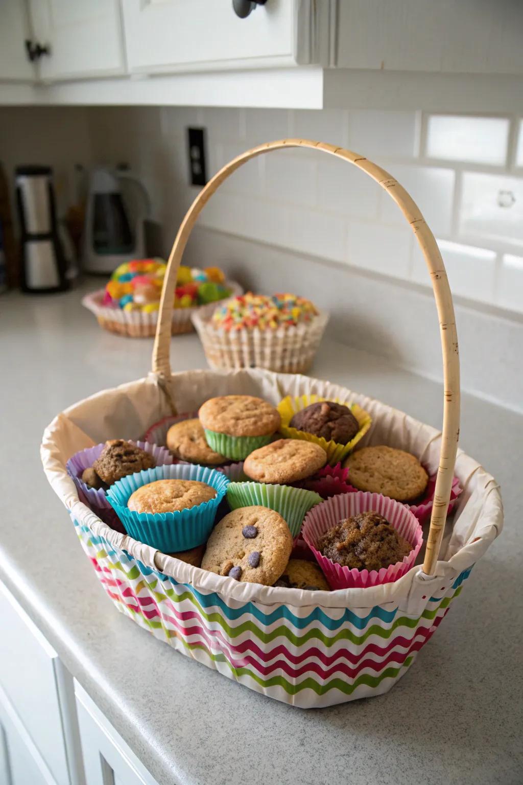 Delectable sweet treats charmingly arranged in a festive May basket.