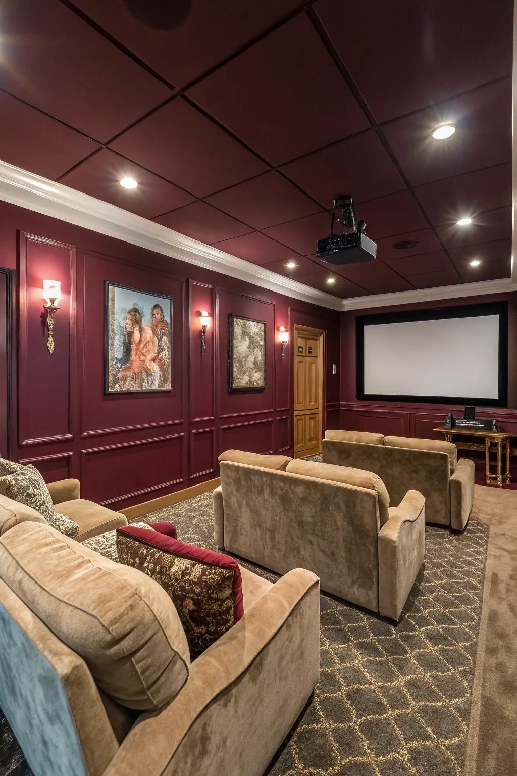 A welcoming media room featuring garnet walls, presenting a nod to the allure of classic cinema.