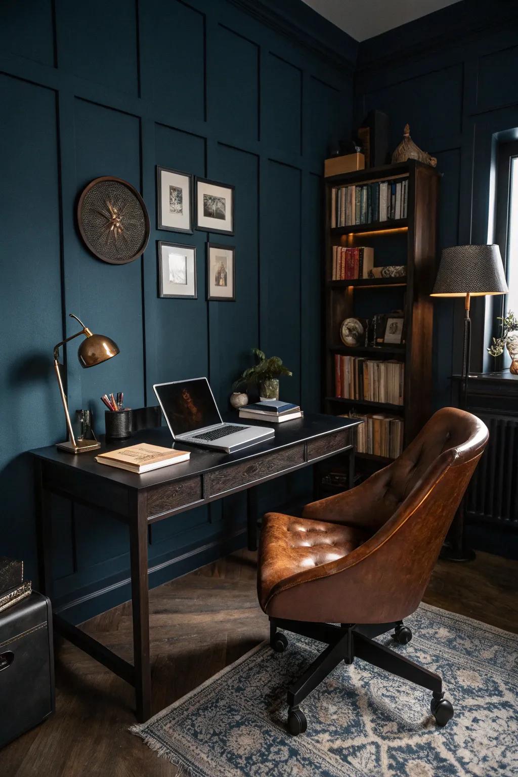 This men's home office uses dark hues to add depth and sophistication.