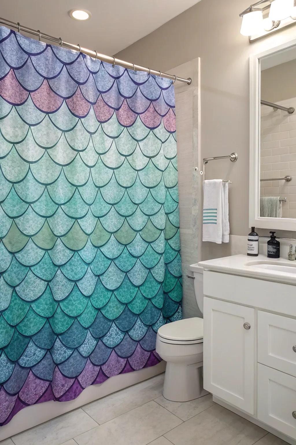 An enchanting shower drape featuring mermaid scales introduces a magical element.
