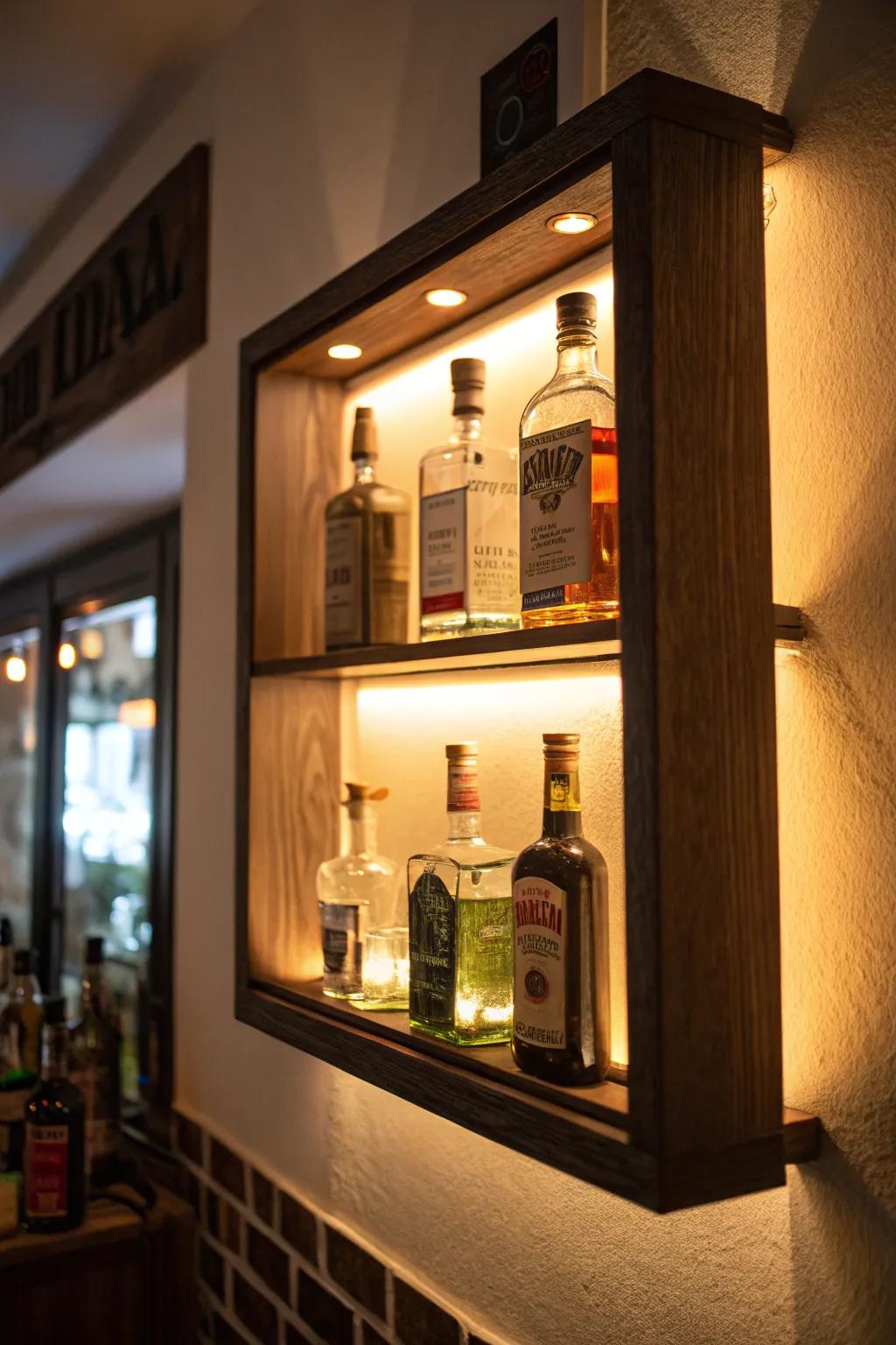 An illuminated recessed display, providing an affectionate showcase for mini liquor bottles.