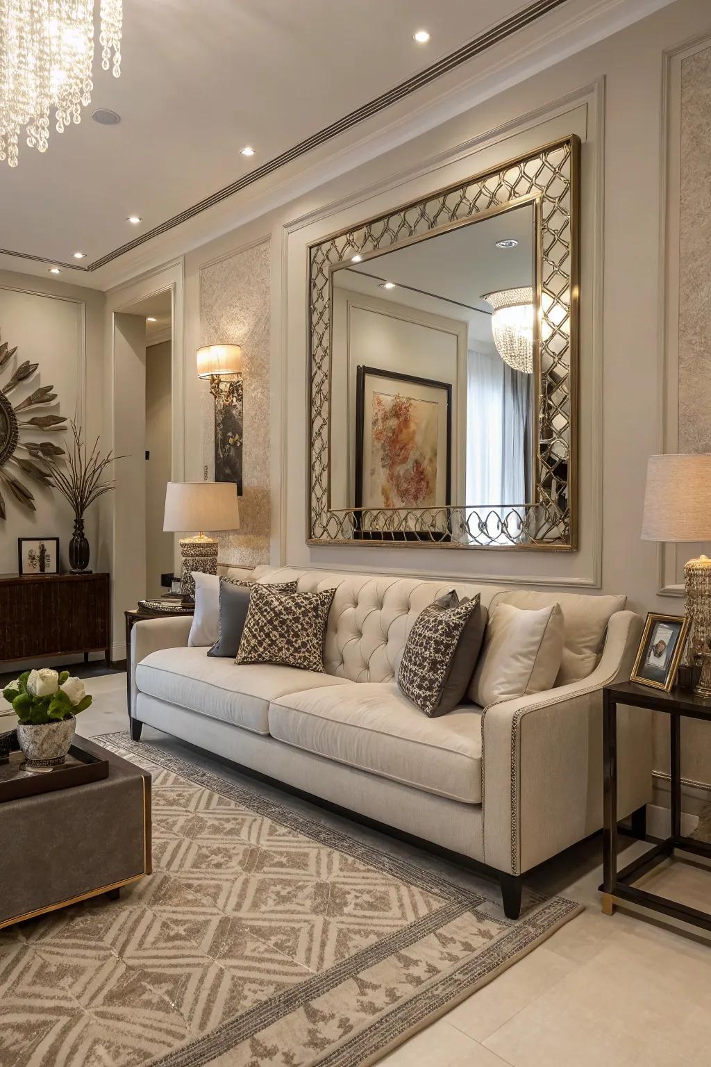 Enhance your space with a reflector over the sofa.