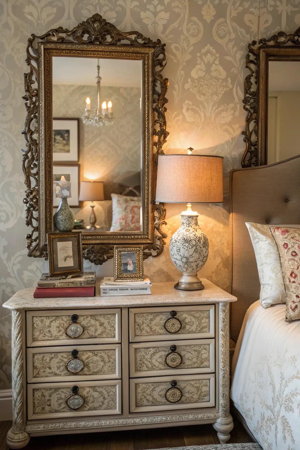 Ornate framed mirrors add vintage charm to this elegant bedroom.