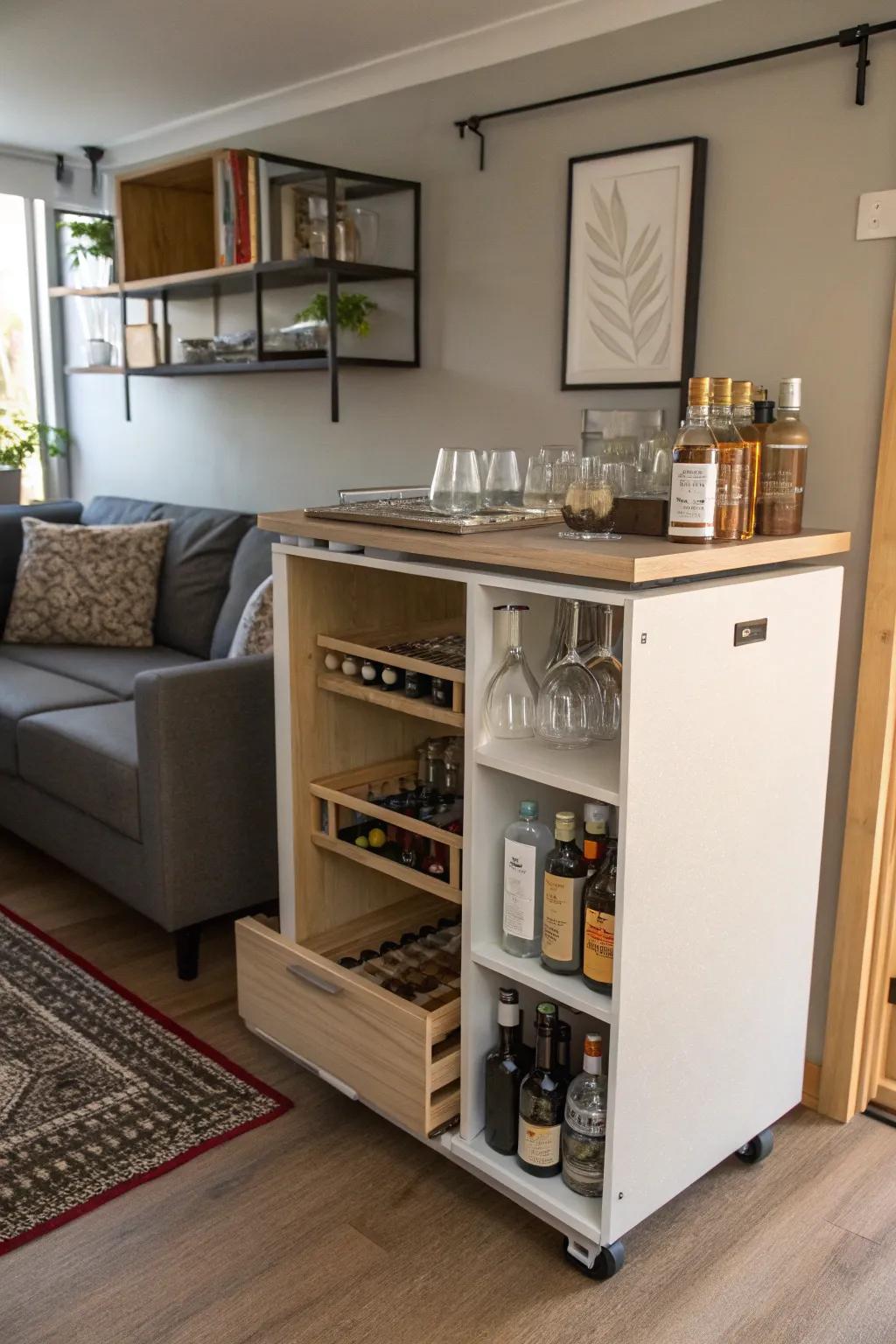 A compact mobile bar utilizing creative storage tricks in a limited space.