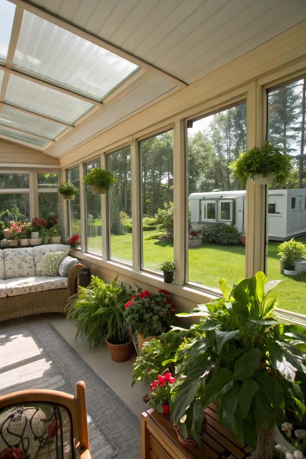 A glass room flooded with natural light and greenery, providing a tranquil expansion to the mobile home.