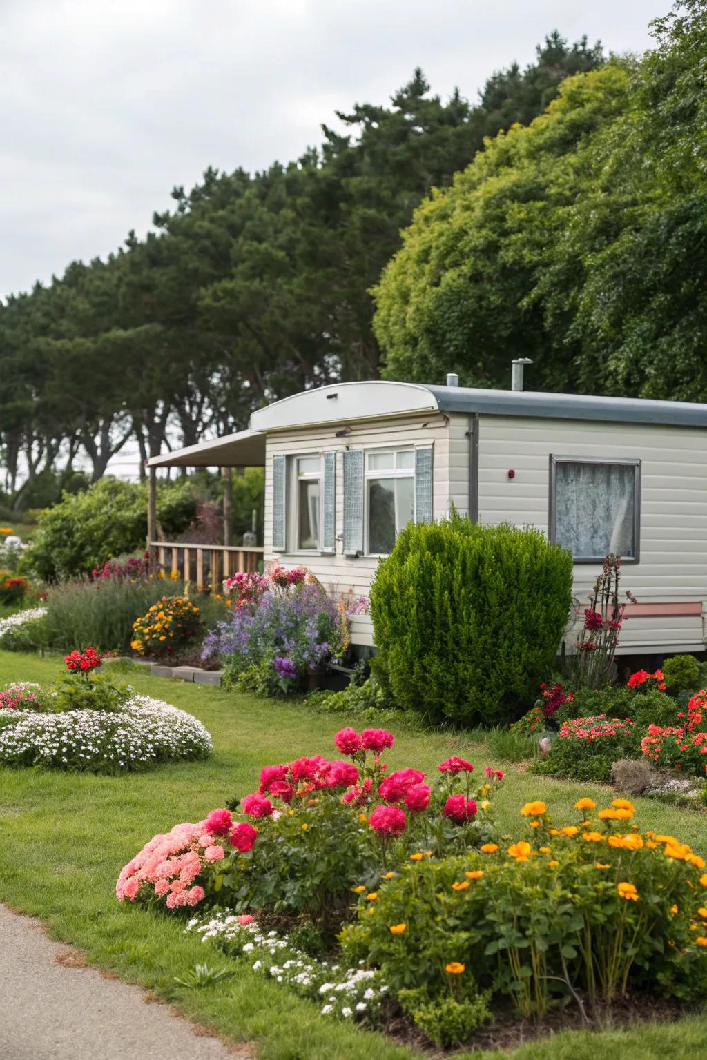 A mobile home highlighted by colorful floral beds and rich foliage.
