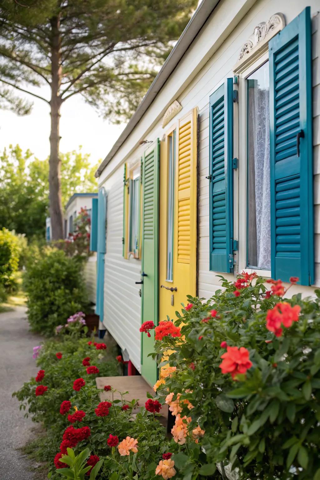 Bright shutters breathing life into a mobile home's exterior.