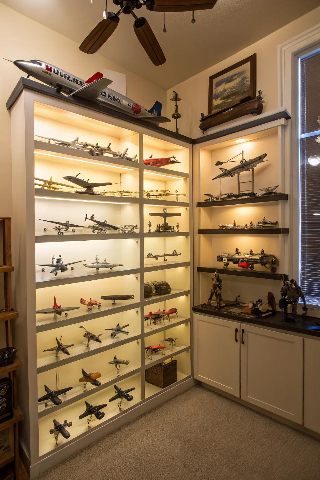 Tiered shelves provide an engaging way to showcase your model aircraft collection.