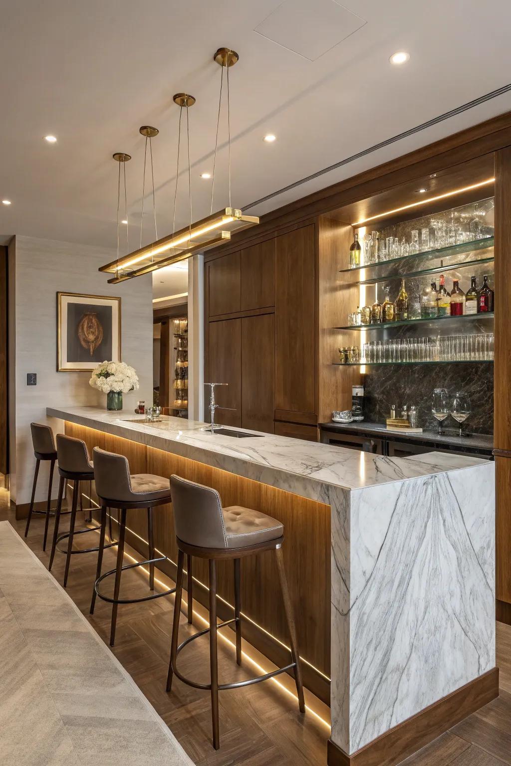 A luxurious home bar incorporating superior materials.
