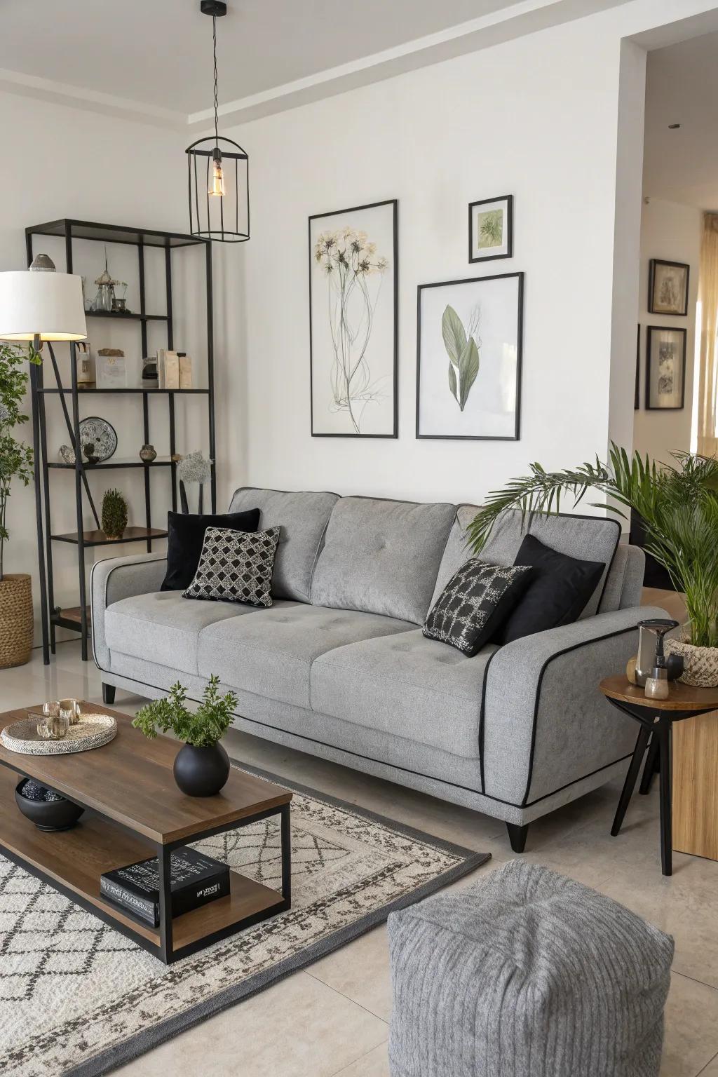 A slate sofa accented with charcoal details acts as an elegant central piece.