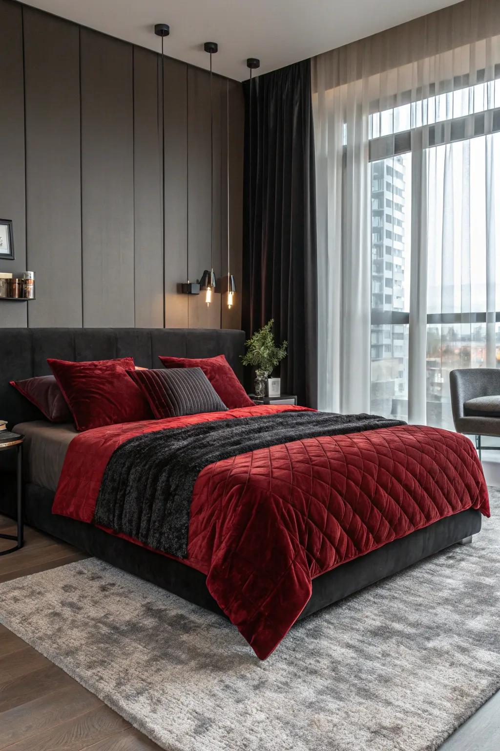 Velvet bedding enhances the sumptuous feel of the black and red aesthetic.