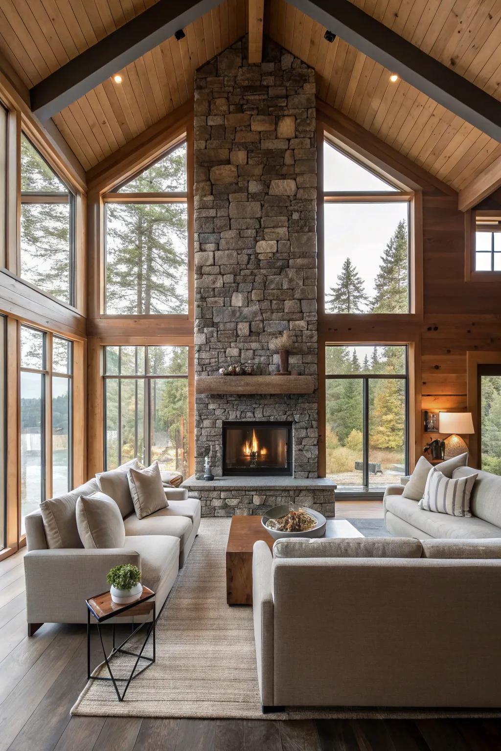 A stone fireplace mixing country warmth with modern sophistication.