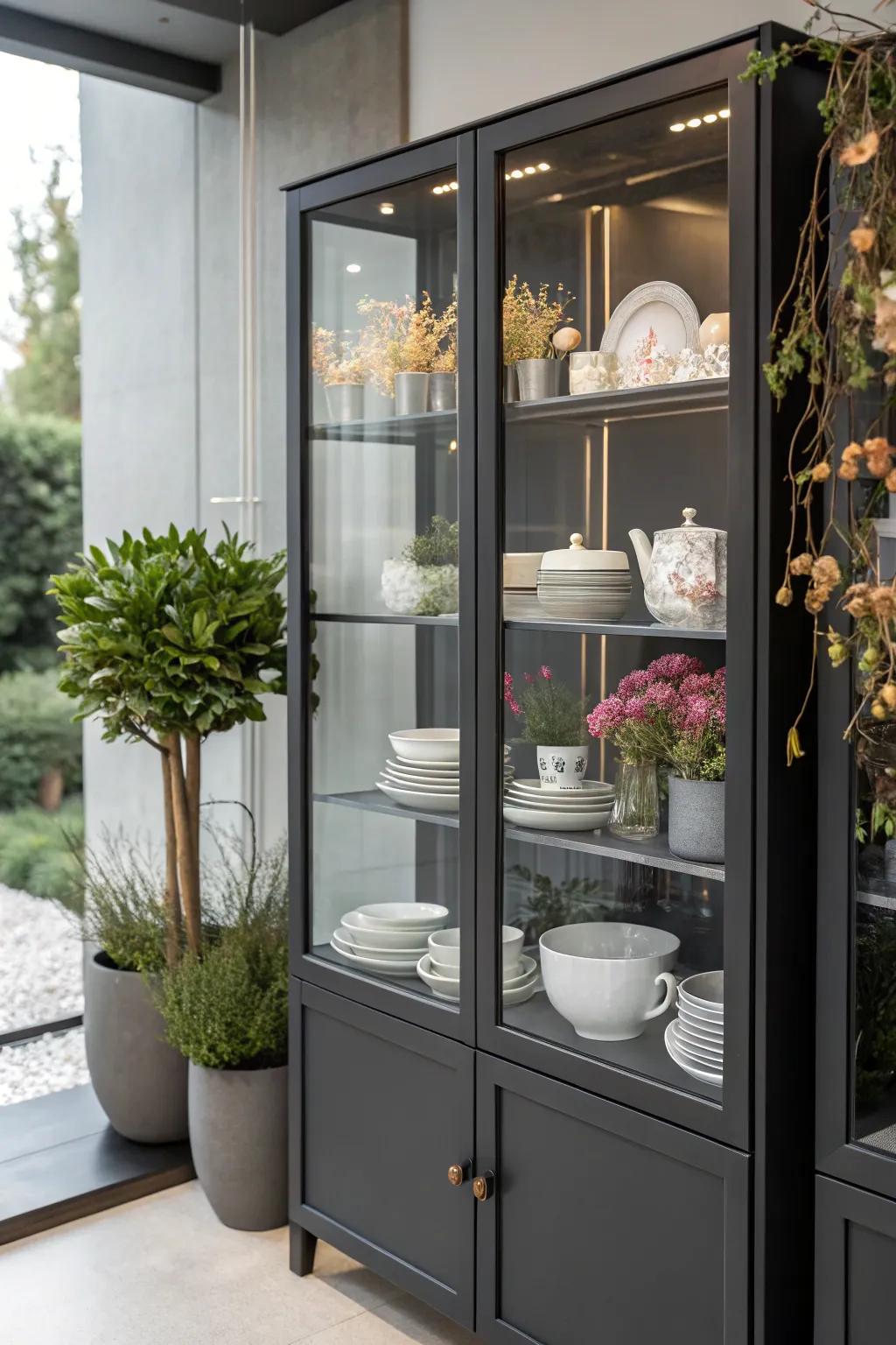 A modern china cabinet exhibit influenced by the outdoors.