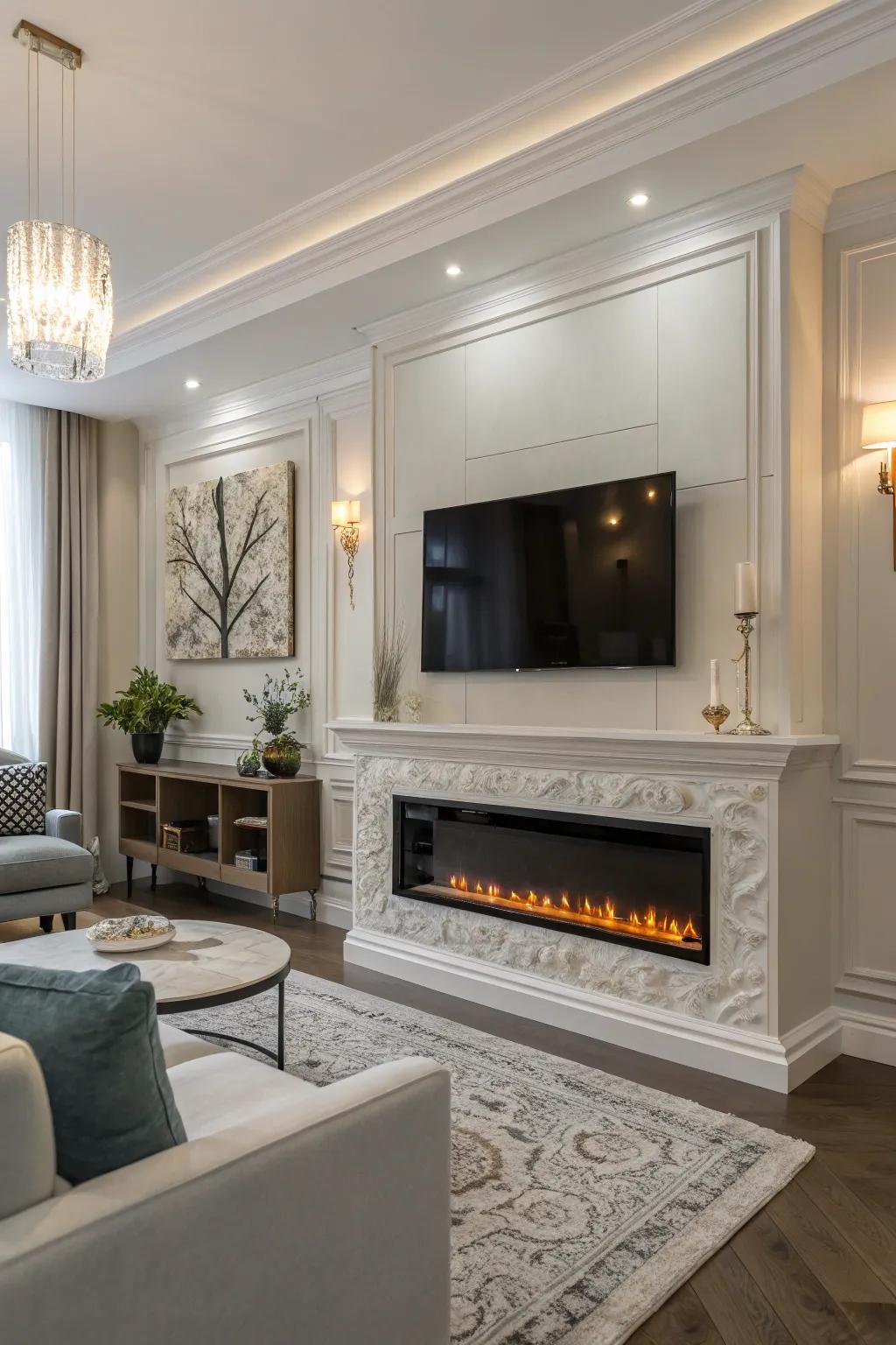 An electric fireplace stylishly placed below a wall-mounted TV.