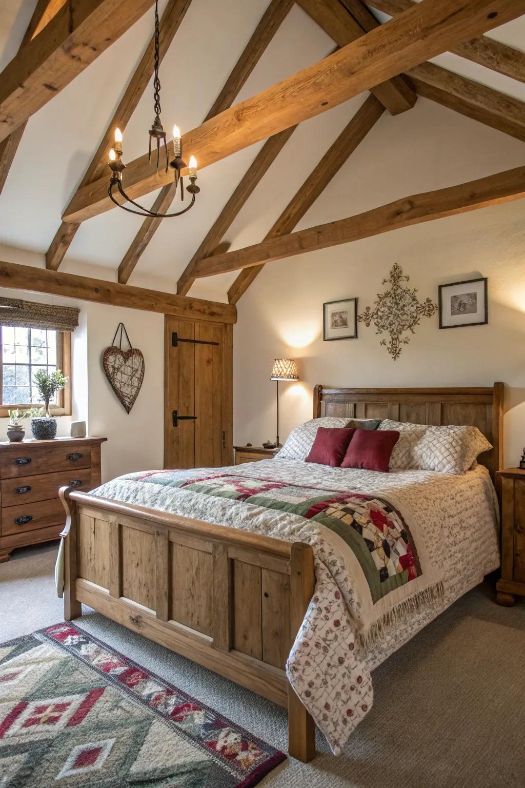 Rustic wooden beams impart charm and visual contrast to modern decor.