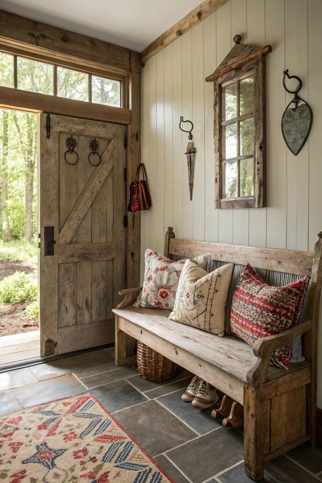 A reclaimed wood bench adds character and comfort.