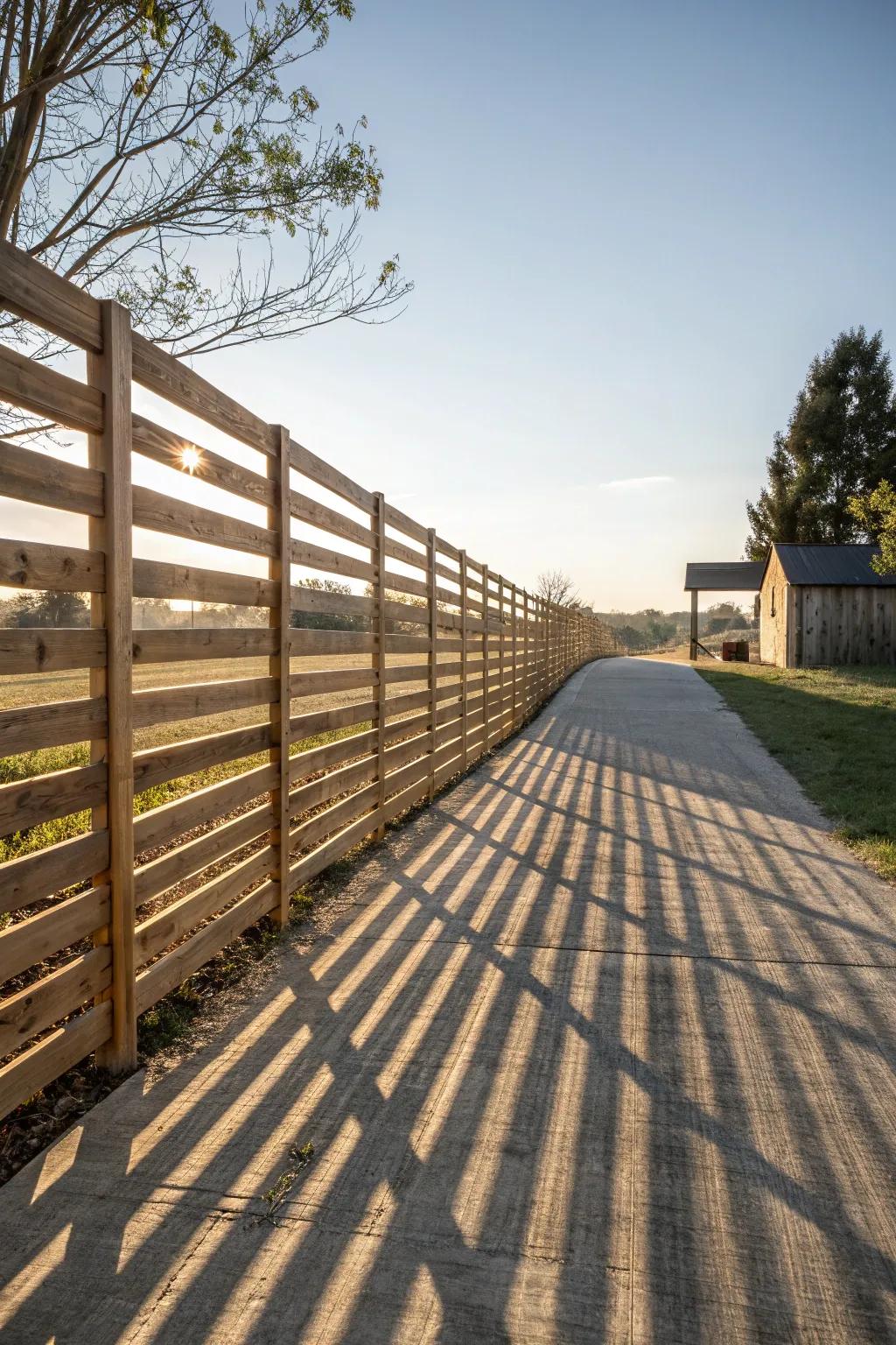 Up-to-date horizontal planks create an elegant and inviting modern farmhouse fence.