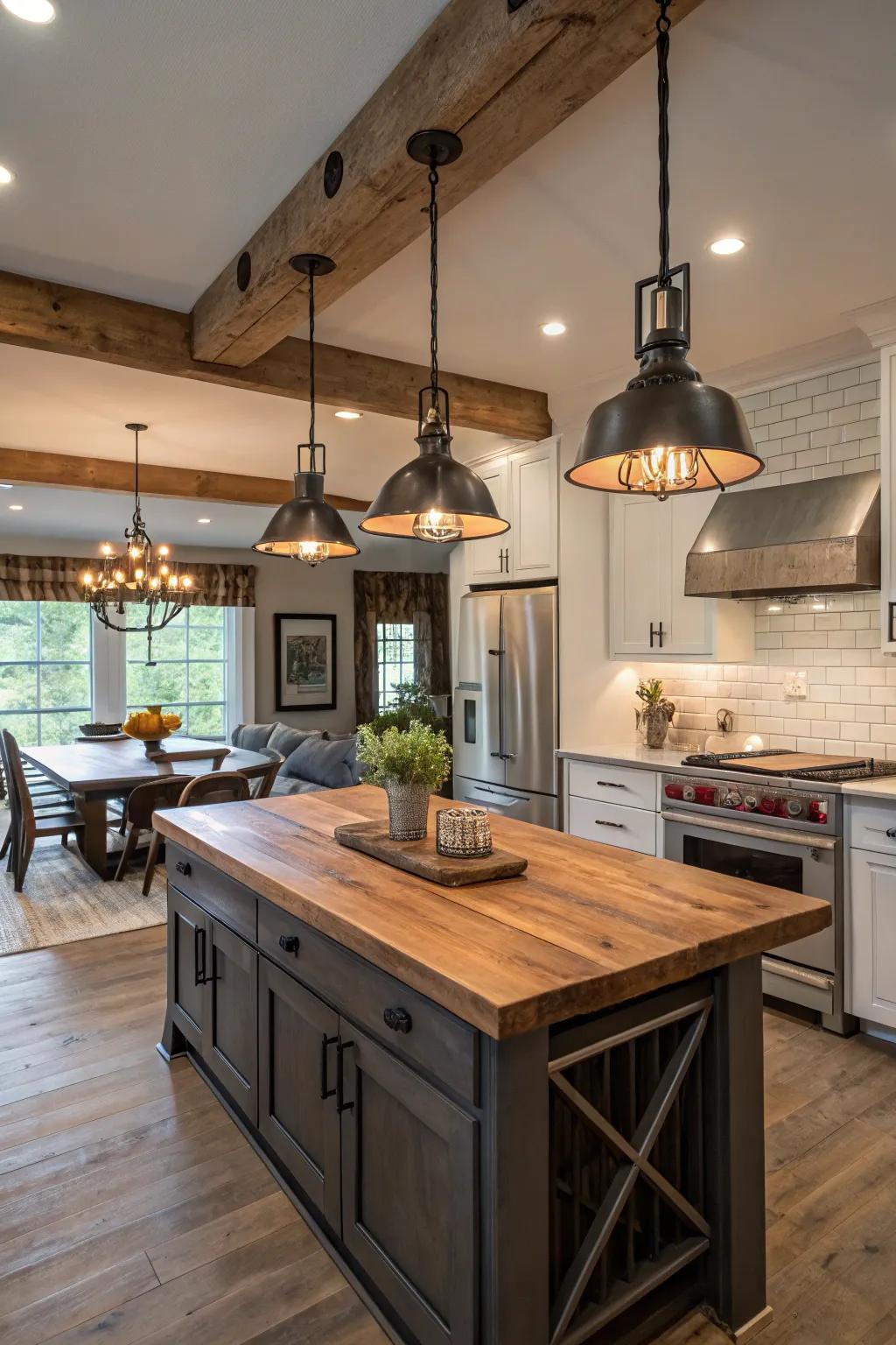 Contemporary hanging lights offer a refined, modern feel.