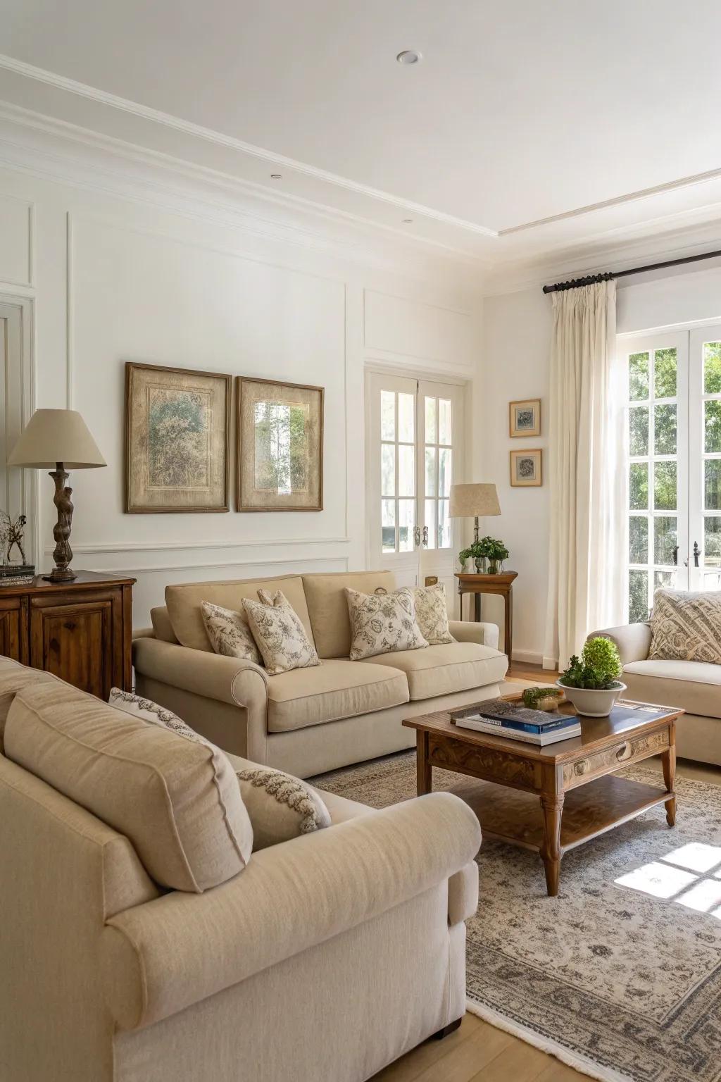 Neutral hues fashion a peaceful and welcoming vibe in the modern farmhouse living space.