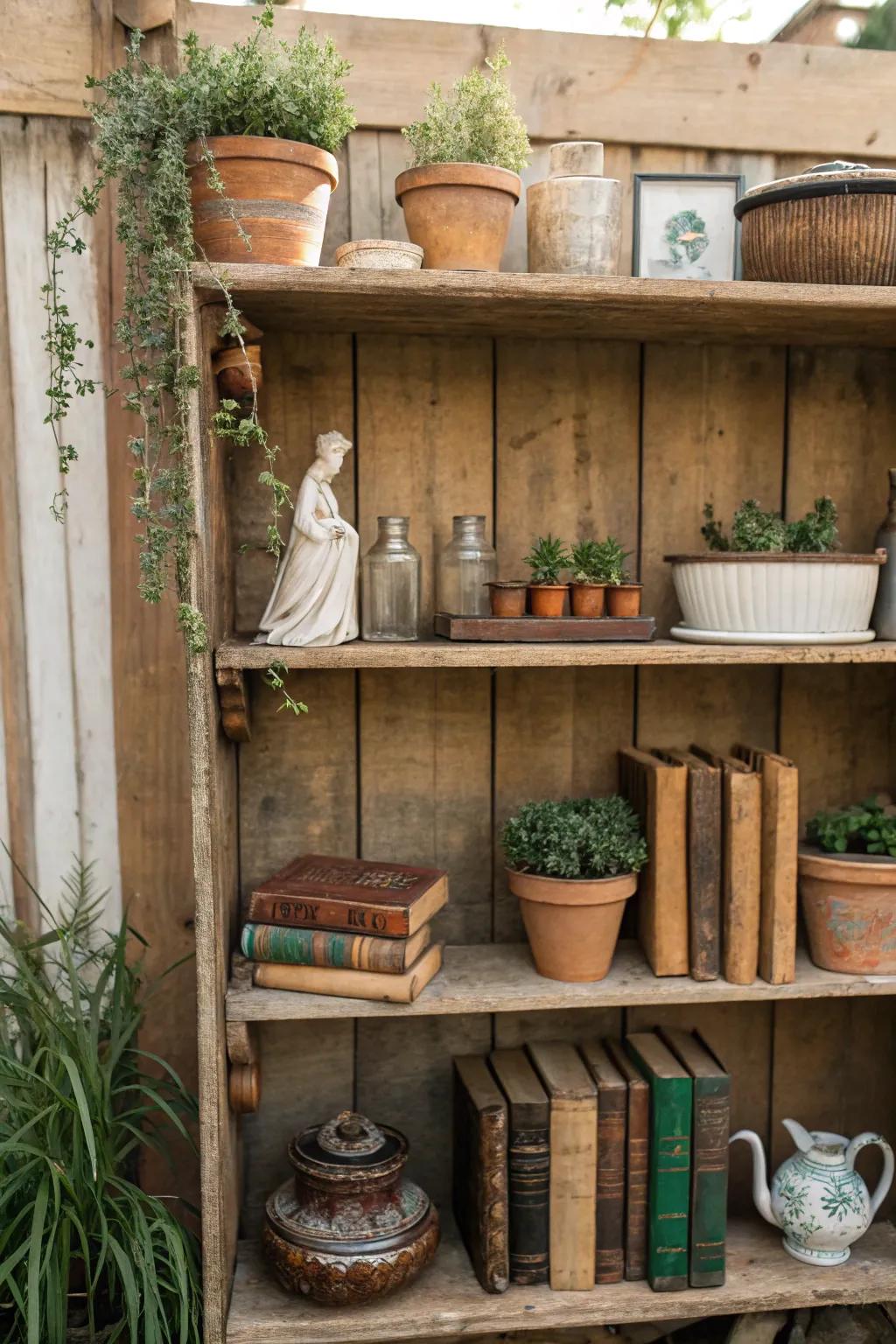 Country-style timber racks presenting vintage decorations and foliage.