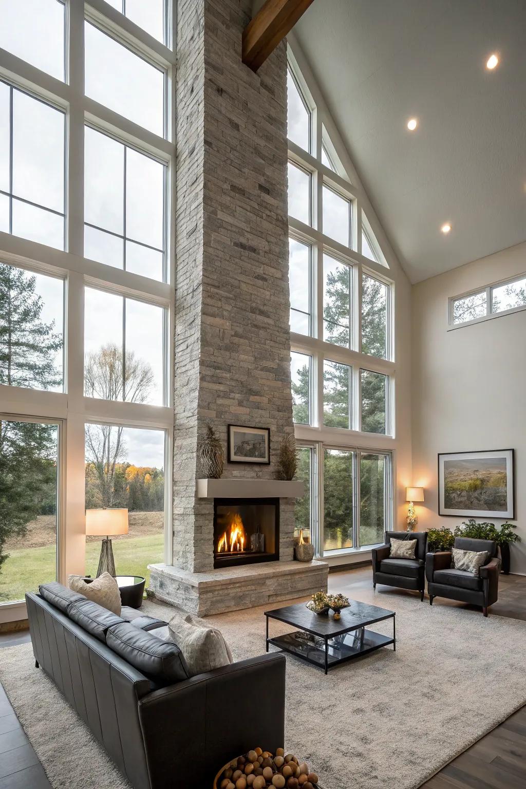 A floor-to-ceiling fireplace imparting a sense of drama to a modern living space.