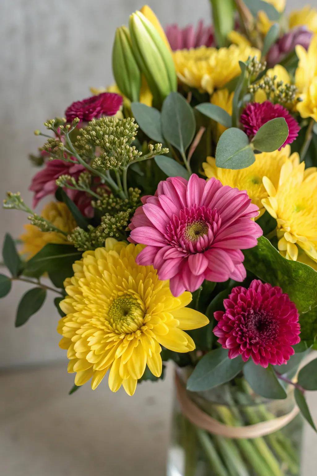 A vibrant floral display flaunting a dynamic fusion of bold colors.