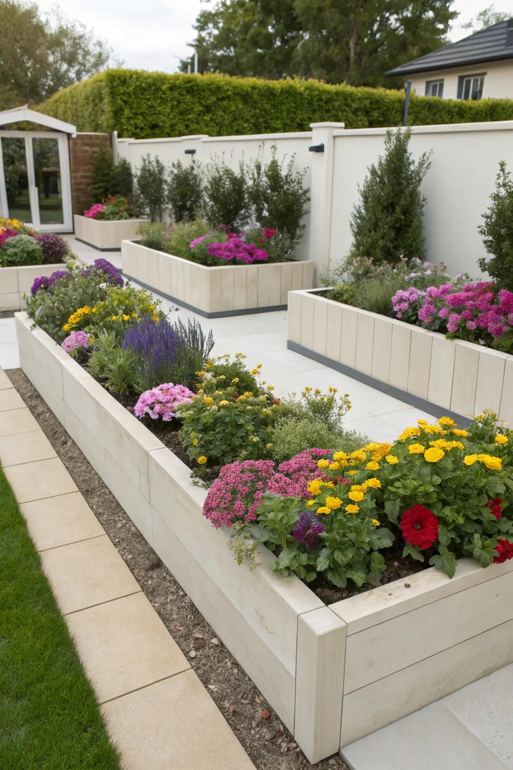 Chic elevated planter boxes enhance depth and visual intrigue.