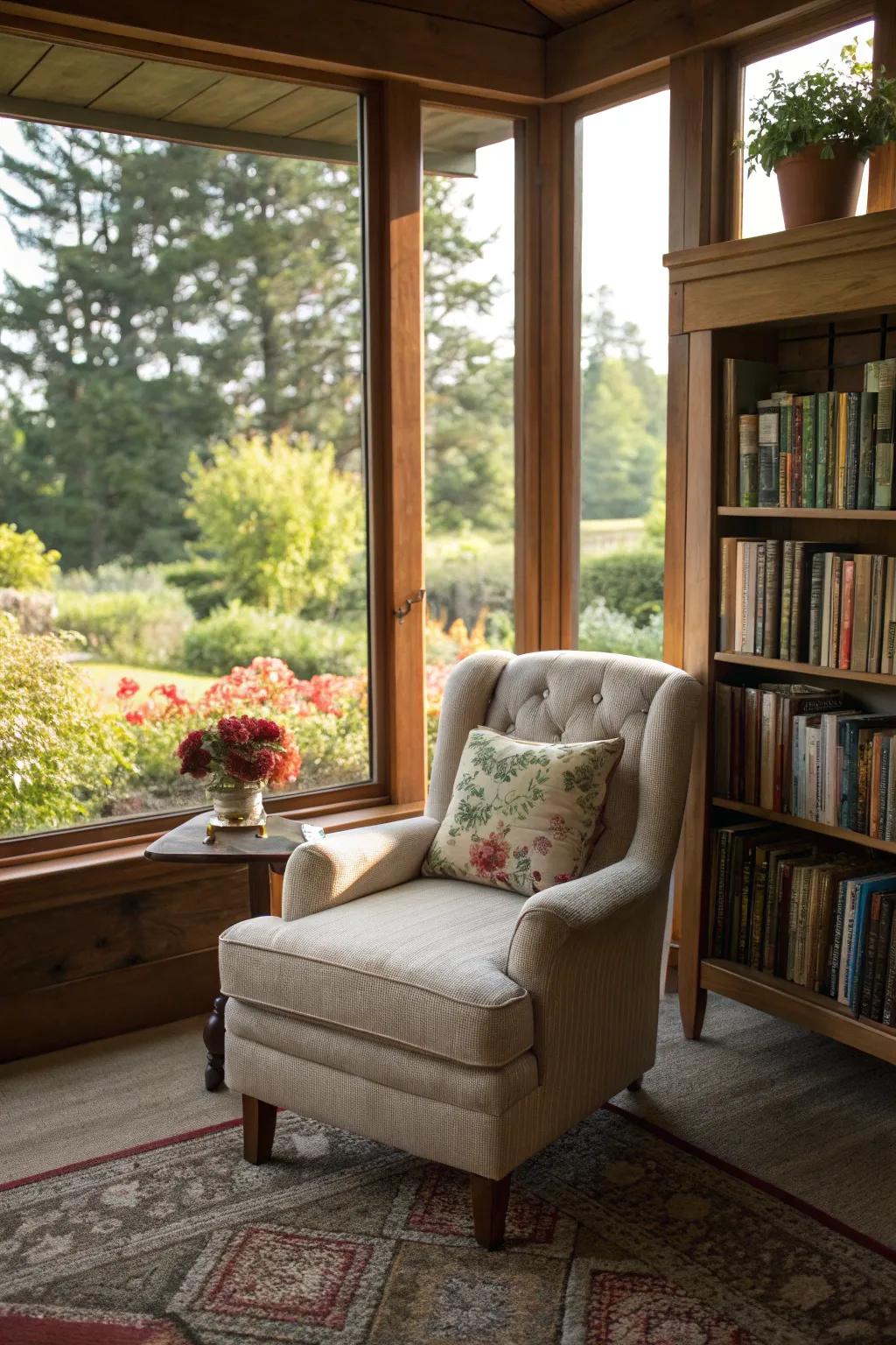 A delightful reading corner filled with natural light, ideal for escaping into a captivating book.